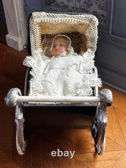 Dolls house miniature 112 ARTISAN vintage pram + porcelain baby doll