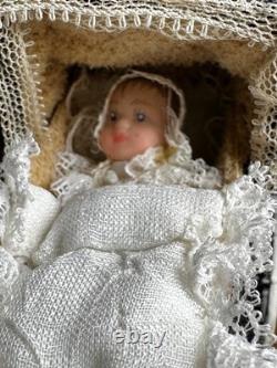 Dolls house miniature 112 ARTISAN vintage pram + porcelain baby doll