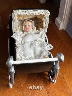 Dolls house miniature 112 ARTISAN vintage pram + porcelain baby doll