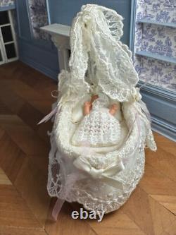 Dolls house miniature 112 HANDMADE cot cradle + baby doll + bedding