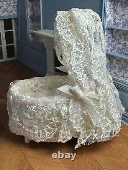 Dolls house miniature 112 HANDMADE cot cradle + baby doll + bedding
