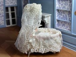 Dolls house miniature 112 HANDMADE cot cradle + baby doll + bedding