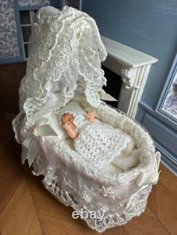 Dolls house miniature 112 HANDMADE cot cradle + baby doll + bedding