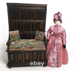 Dolls house miniature Artisan MONKS BENCH / SETTLE WITH ANTIQUE PETIT POINT