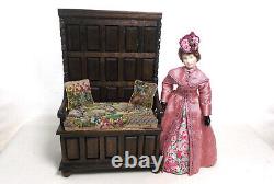 Dolls house miniature Artisan MONKS BENCH / SETTLE WITH ANTIQUE PETIT POINT