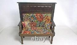 Dolls house miniature Artisan MONKS BENCH / SETTLE WITH ANTIQUE PETIT POINT (b)