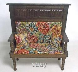 Dolls house miniature Artisan MONKS BENCH / SETTLE WITH ANTIQUE PETIT POINT (b)