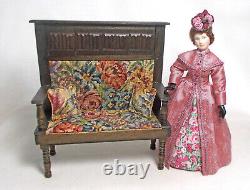 Dolls house miniature Artisan MONKS BENCH / SETTLE WITH ANTIQUE PETIT POINT (b)