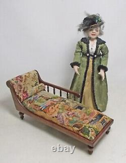 Dolls house miniature Artisan Mahogany Chaise Longue in Figural Petit Point