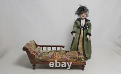 Dolls house miniature Artisan Mahogany Chaise Longue in Figural Petit Point