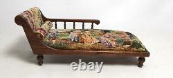 Dolls house miniature Artisan Mahogany Chaise Longue in Figural Petit Point