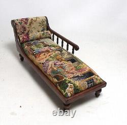 Dolls house miniature Artisan Mahogany Chaise Longue in Figural Petit Point