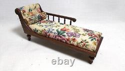 Dolls house miniature Artisan Mahogany Chaise Longue in Floral Petit Point