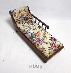 Dolls house miniature Artisan Mahogany Chaise Longue in Floral Petit Point