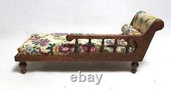 Dolls house miniature Artisan Mahogany Chaise Longue in Floral Petit Point