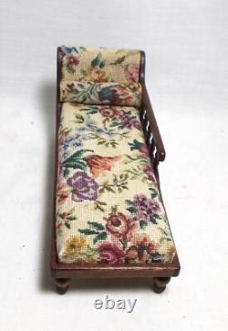 Dolls house miniature Artisan Mahogany Chaise Longue in Floral Petit Point