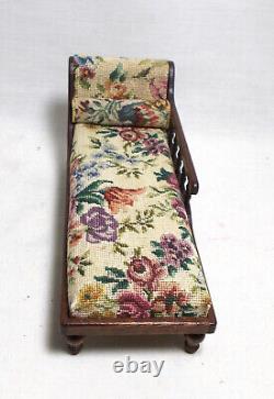 Dolls house miniature Artisan Mahogany Chaise Longue in Floral Petit Point