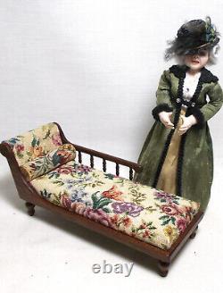 Dolls house miniature Artisan Mahogany Chaise Longue in Floral Petit Point