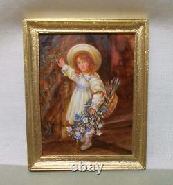 Dolls house miniature CHRIS SPARROW PAINTING OF HAREBELLS GIRL WITH FLOWERS