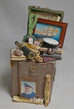 Dolls house miniature Handmade Leather Filled Sailor / Captain Trunk (C)