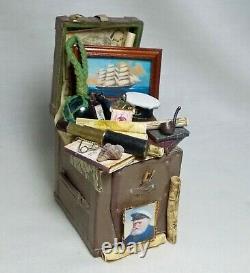 Dolls house miniature Handmade Leather Filled Sailor / Captain Trunk (C)