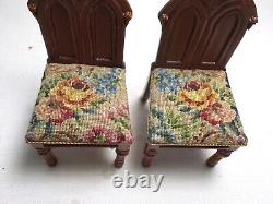 Dolls house miniature Pair Artisan Antique Petit Point Gothic Revival Chairs