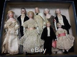 Eight Antique Bisque Doll's House Dolls, All Original Wedding Party