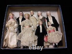 Eight Antique Bisque Doll's House Dolls, All Original Wedding Party