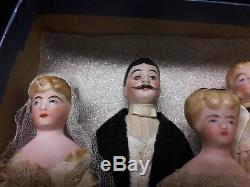 Eight Antique Bisque Doll's House Dolls, All Original Wedding Party