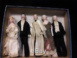 Eight Antique Bisque Doll's House Dolls, All Original Wedding Party