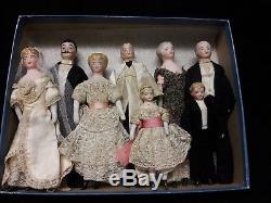 Eight Antique Bisque Doll's House Dolls, All Original Wedding Party