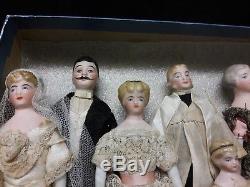 Eight Antique Bisque Doll's House Dolls, All Original Wedding Party