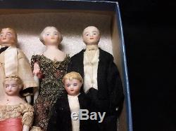 Eight Antique Bisque Doll's House Dolls, All Original Wedding Party