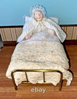 Fab 12th Scale Dollshouse Miniature Character Grandma Doll In Vintage Brass Bed