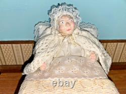 Fab 12th Scale Dollshouse Miniature Character Grandma Doll In Vintage Brass Bed