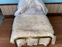 Fab 12th Scale Dollshouse Miniature Character Grandma Doll In Vintage Brass Bed
