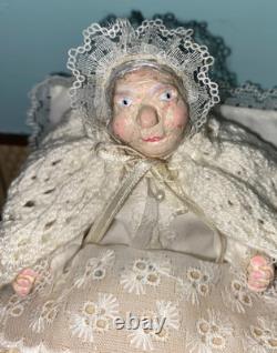 Fab 12th Scale Dollshouse Miniature Character Grandma Doll In Vintage Brass Bed