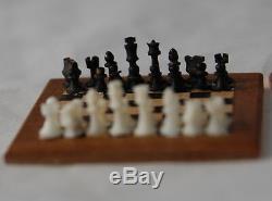 Fine Vtg Dollhouse Miniature Chess Set Carved Ebony Ivry Chessmen Board Artisan