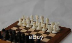 Fine Vtg Dollhouse Miniature Chess Set Carved Ebony Ivry Chessmen Board Artisan