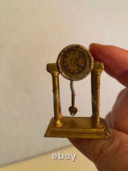 GERLACH Doll House 19thc German Miniature Gilded Metal CLOCK, pendulum moves