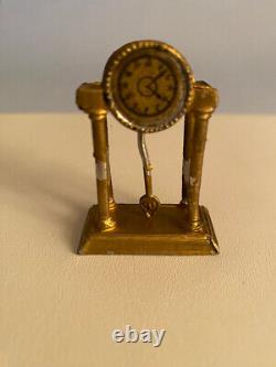 GERLACH Doll House 19thc German Miniature Gilded Metal CLOCK, pendulum moves