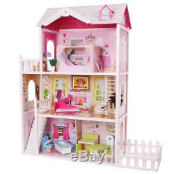 Großes Holz Puppenhaus Barbiehaus Traumhaus Puppenstube Set mit Möbeln Garten