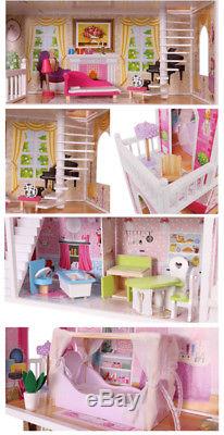 Großes Holz Puppenhaus Barbiehaus Traumhaus Puppenstube Set mit Möbeln Garten