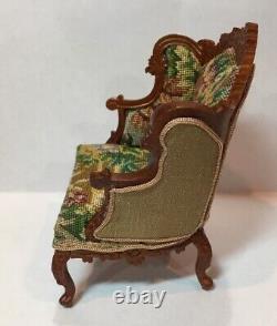 JBM Miniature Dollhouse Arm Chair and ottoman with petit point needlepoint