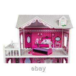 Kids Girls Large Doll Mansion 3 Storey Wooden Pink House With Dolls Furniture New