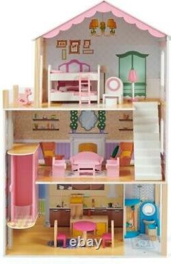 Kids wooden dolls house 115cm tall 3 story play house with lift and furniture