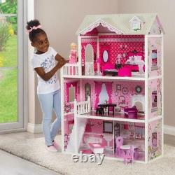 Large 3 Storey Dollhouse Toddlers Girls Wooden Doll House Mansion Pink Furniture