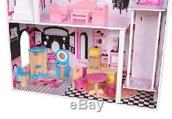 Large Barbie Wooden Dolls House Kids Doll House 17PCS Furniture & Lift Cottage