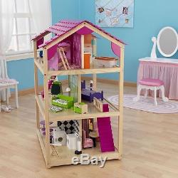 Large Open Play Rolling Pink Wood 12 Doll Dollhouse w 50P Furniture Accessories