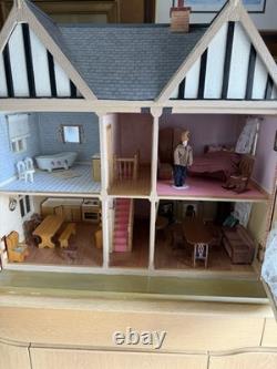 Large Wooden Dolls House Tudor Style Fully Furnished Miniature House + Figures